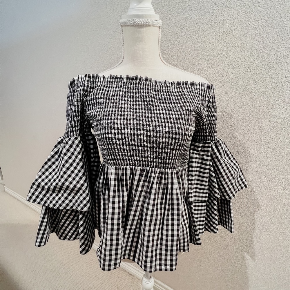 Smocked Gingham Off Shoulder Blouse || WORN ONCE || PERFECT CONDITION ||